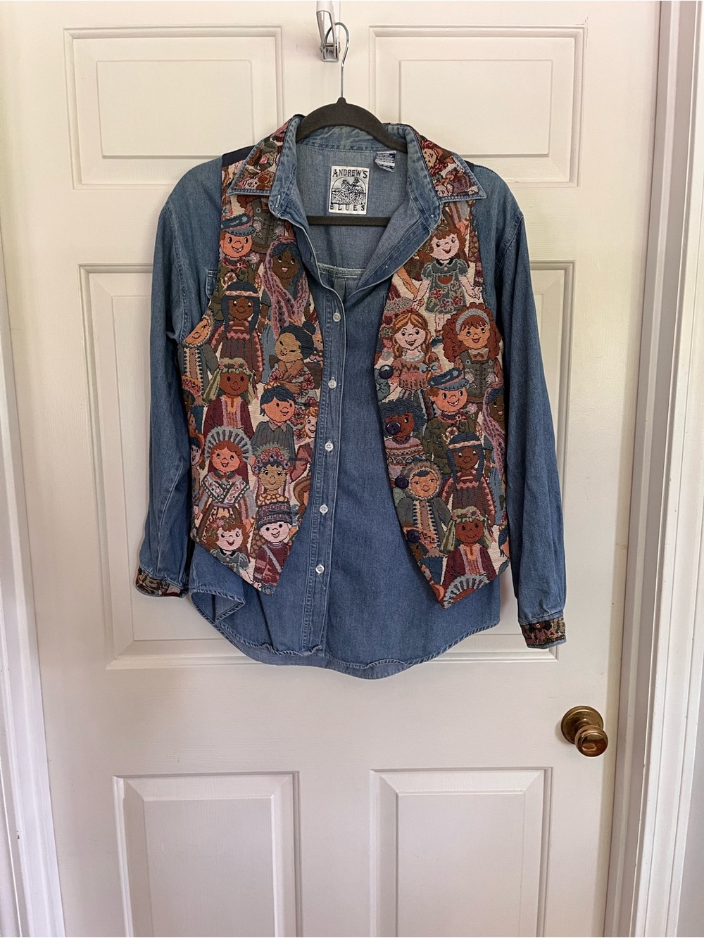 Denim Shirt with Vest Vintage CHILDREN OF THE WORLD Pattern Size Small